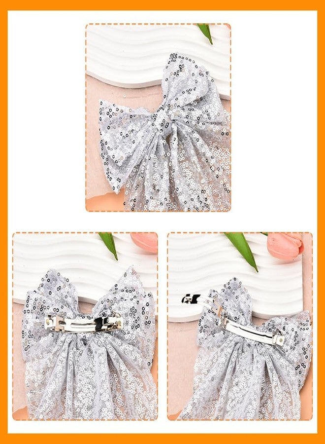 Kefley Silver Sequin Bow Hair Ribbon Clips for Women - Glittering Bows - Disco Sparkling Hair Bow Clips - Headwear for Party Ball - Bow Hair Accessories - Image 4